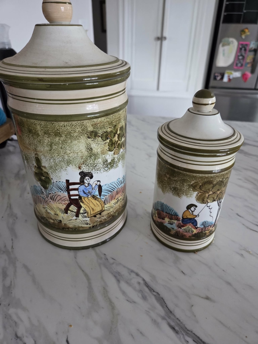Hand-Painted Ceramic Canister Set in Olive Green and Cream